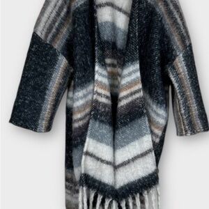 Anthropologie Striped Kimono Open Front Blanket Coat Sweater Fringe One Size